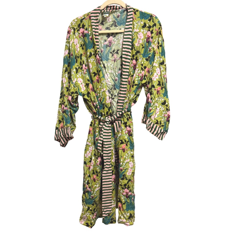 Paper Source Orchid Floral Robe Botanical Green Pink Viscose Kimono OS
